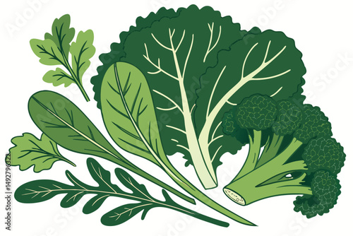 46 green leaves, fresh mint, spinach, lettuce, kale, cabbage, broccoli, assorted greens, healthy food, organic produce, natural background, studio shot, high contrast, vibrant colors, still life photo
