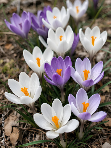 White and purple crocuses in early spring
