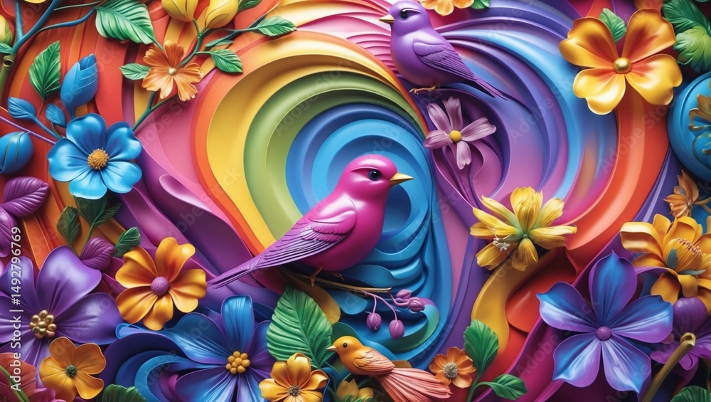 Fototapeta premium Colorful bird made of flowers suitable for magical designs, children's products, fantasy themes, greeting cards, and whimsical illustrations.