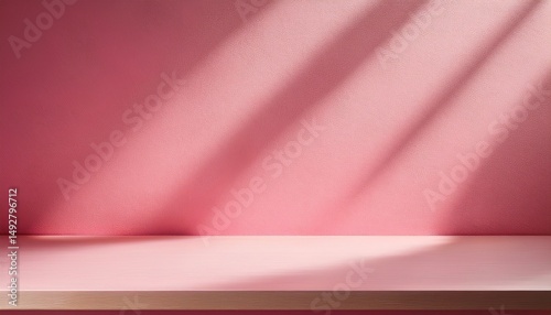empty table on bright pink wall background composition with abstract shadow on the wall and pink table mock up for presentation branding products cosmetics food or jewelry