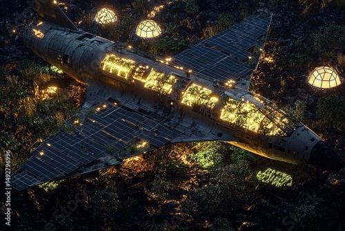 Post-apocalyptic oasis inside crashed spacecraft fuselage with solar panel wings and hydroponic garden domes glowing amid irradiated waste barriers at night