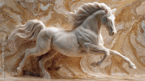 Beige marble horse sculpture, dynamic pose against swirling beige and gold marble background, representing elegance, power, and freedom