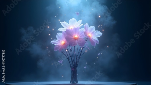 Luminous Floral Bouquet on Dark Background: Dreamy Blossoms with Glowing Accents, Delicate Petals.