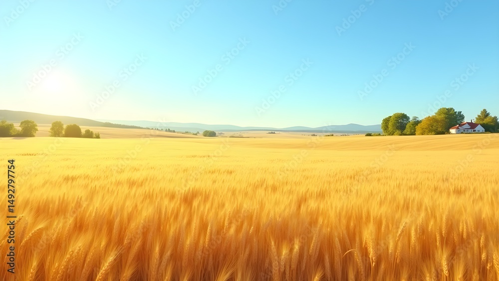Obraz premium Golden Wheat Field Landscape on a Sunny Day with Blue Sky and Distant Hills.