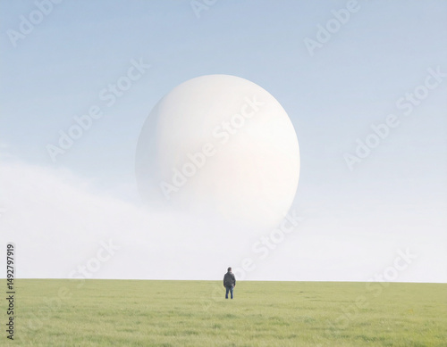 Abstract fiction image of a lonely man in a vast field and a big moon