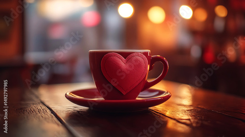 Romantic Red Coffee Cup Heart Shaped Decor Cozy Cafe Warm Evening hot love date food dark mood drink