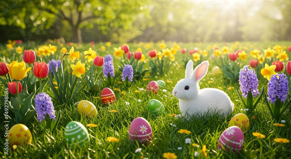 Fototapeta premium Easter Bunny in Meadow with Colorful Eggs and Flowers