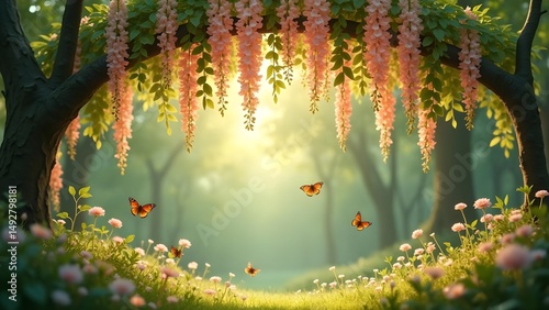 Enchanting Landscape: Blossoming Wisteria, Butterflies, and Sunlit Meadow