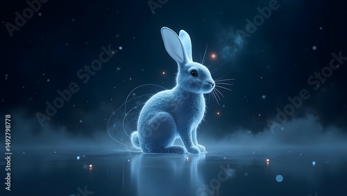 Illuminated bunny illustration in a dark abstract setting with glowing particles and reflections.