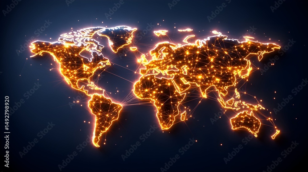 Glowing world map with interconnected nodes, depicting global network connections Glowing world map with interconnected nodes, depicting global network connections
