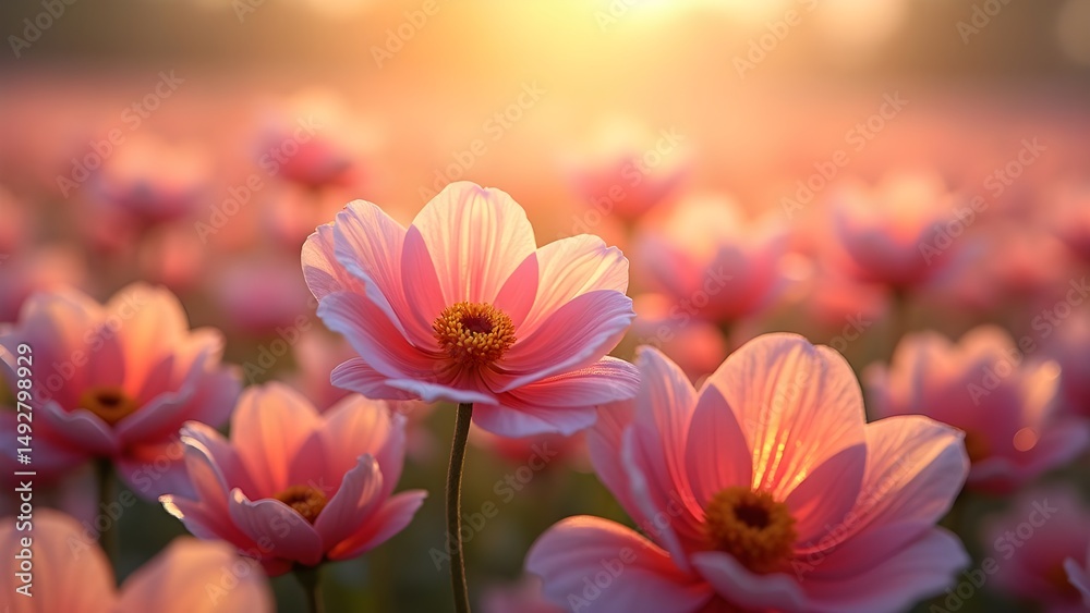 Fototapeta premium Blooming Pink Flowers in a Sunset Field: A Close-Up of Floral Beauty and Sunlight in a Natural Scene