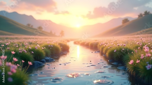 Scenic Landscape: River Flowing Through a Flower Meadow at Sunset with Mountains in the Background