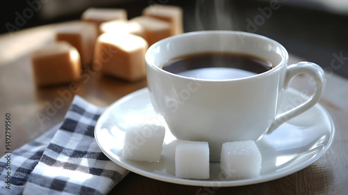 Warm Coffee Cup with Sugar Cubes and Sweets Morning Breakfast Treat hot day wood dark cozy food meal