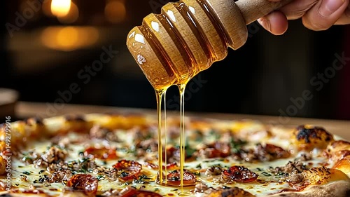 Hand drizzling honey over a gourmet pizza with toppings in a cozy setting
