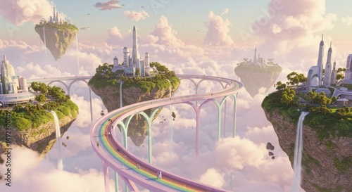 Futuristic Cloud Cityscapes with Rainbow Bridge Floating Islands and Lush Greenery