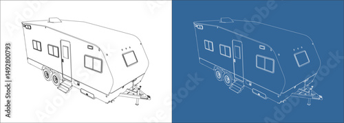 Isometric view Trailer Toy Hauler blueprint technical drawing  concept illustration with all side isolated on a transparent background. 