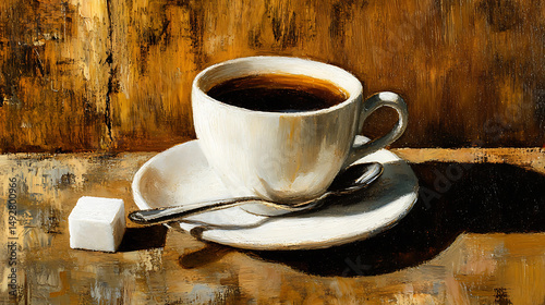 Morning Coffee Still Life Painting White Cup Sugar Cube art oil hot dark warm cozy calm food home   