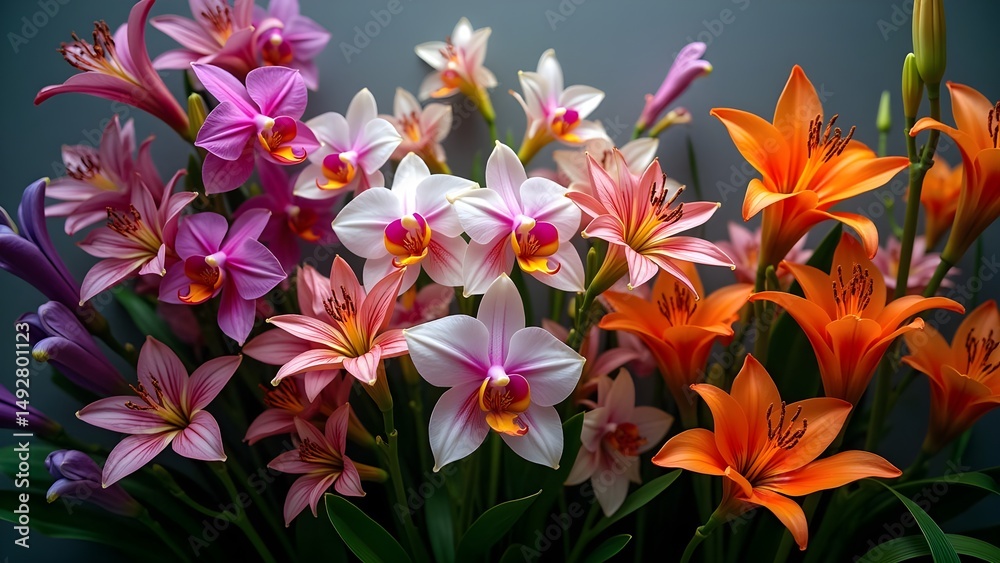 Fototapeta premium Floral Still Life with Colorful Lilies and Orchids in Full Bloom with soft lighting.