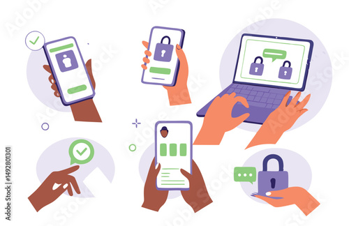 
Characters hands holding smartphone, laptop and typing two factor authentication code, pin to verify their id and security access
