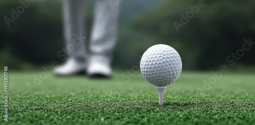 Golf Ball on Tee Ready to Be Struck on a Green Course with Blurred Figure in the Background Under Soft Natural Lighting