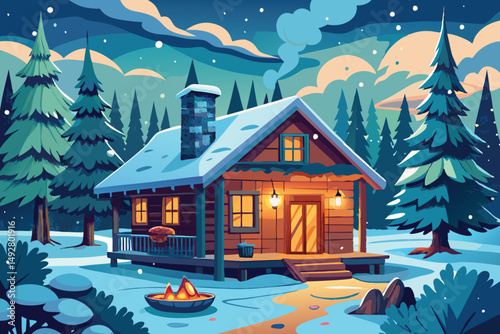 snowy winter landscape with wooden cabin vector illustration