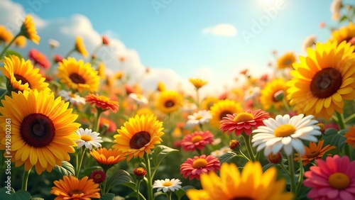 Vibrant Field of Sunflowers and Daisies Under a Sunny Blue Sky