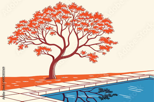 48 a single vibrant orange tree reflected in a blue pool, natural lighting, minimalist, high contrast, serene, pristine, digital art