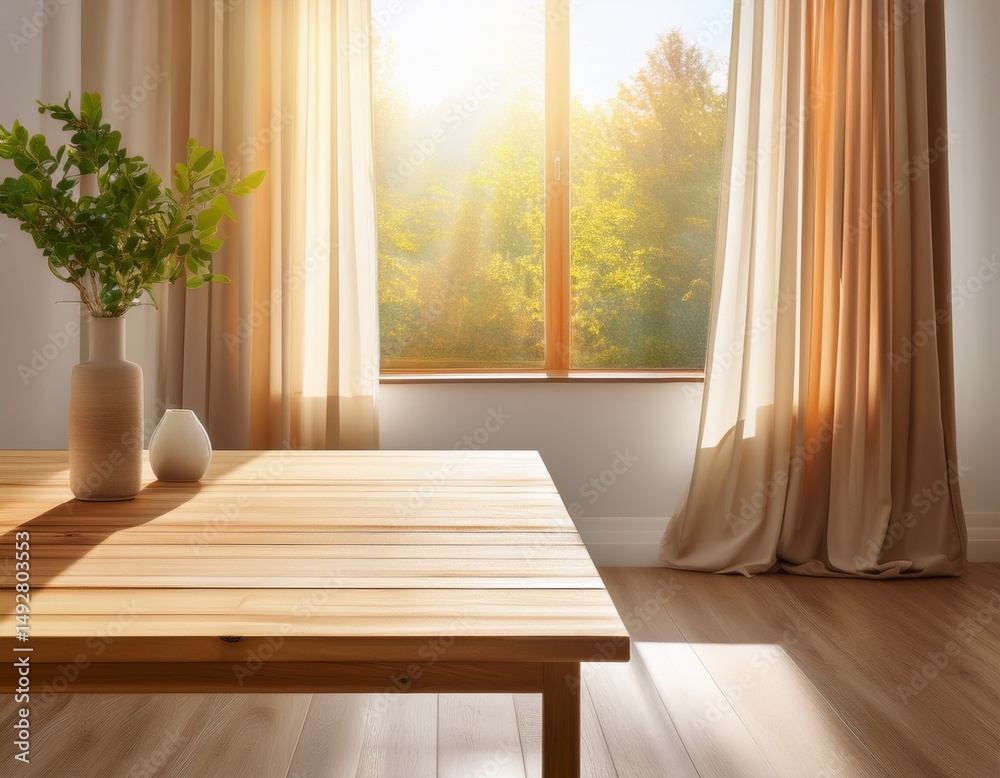 Fototapeta premium sunny wooden table by window with curtains light and airy interiors