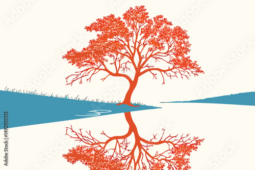 48 a single vibrant orange tree reflected in a blue pool, natural lighting, minimalist, high contrast, serene, pristine, digital art