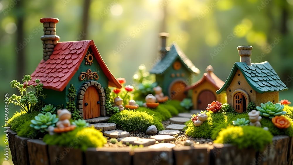 Fototapeta premium Enchanting Miniature Fairy Village Display: Tiny Houses, Gardens, and Stone Pathways