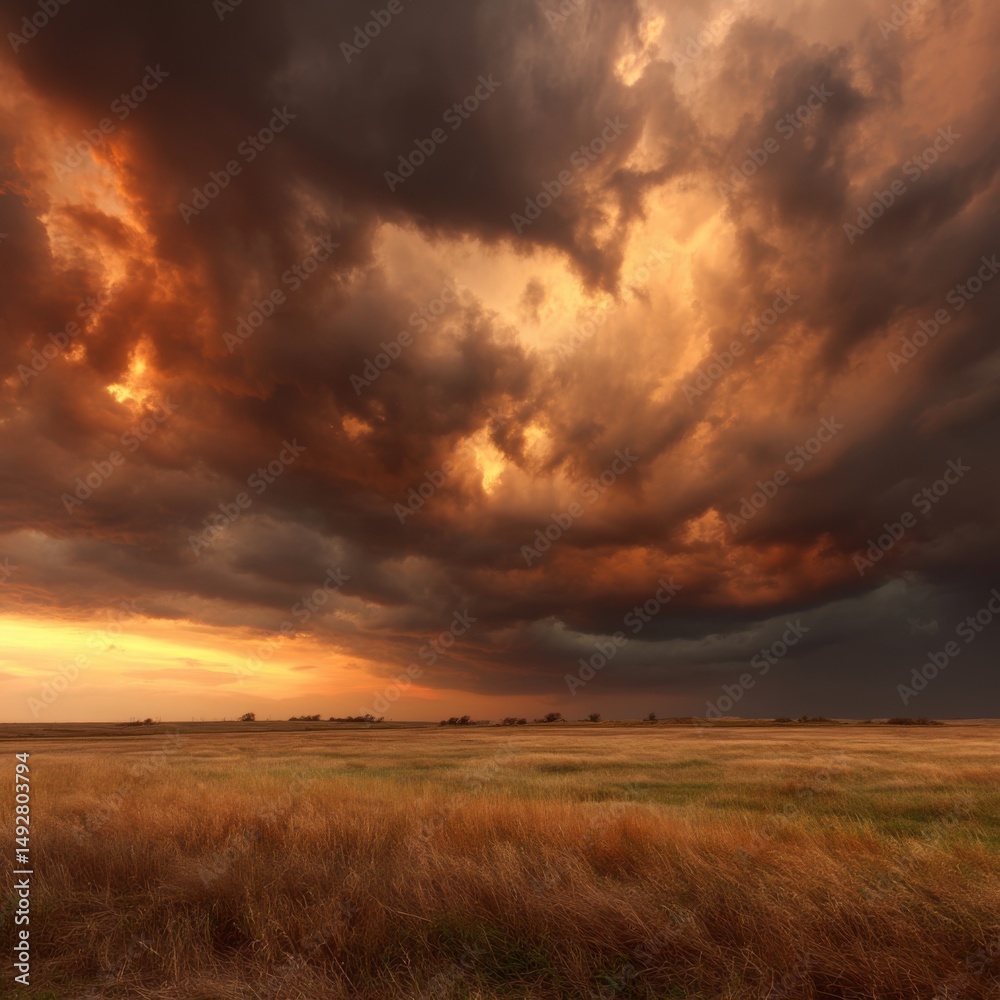 Fototapeta premium Dramatic sunset over golden grassland with storm clouds approaching in rural landscape under warm light
