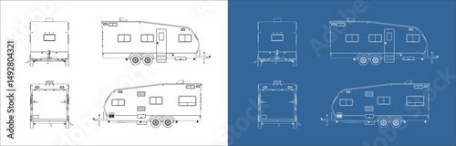 Fotografie Trailer Toy Hauler blueprint technical drawing Transportation concept illustration with all side isolated on a transparent background