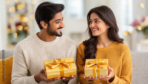 A young indian couple sitting on the sofa in their living room, holding gift boxes with golden ribbons and smiling at each other