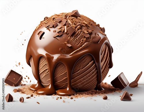 chocolate ice cream ball with chocolate coating and flakes isolated on white background
