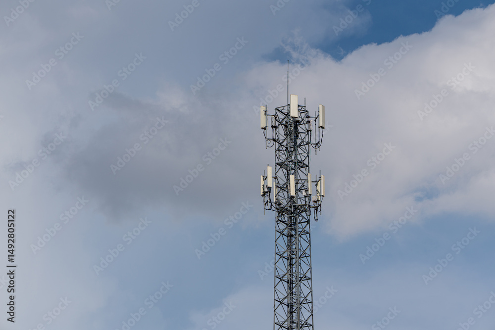 Telecommunication tower or Mobile phone tower with 5G cellular network . Global connection and internet network concept. Telecommunication tower or Mobile phone tower with 5G cellular network . Global connection and internet network concept.