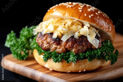 Delicious burger with savory toppings served on a wooden board against a dark background