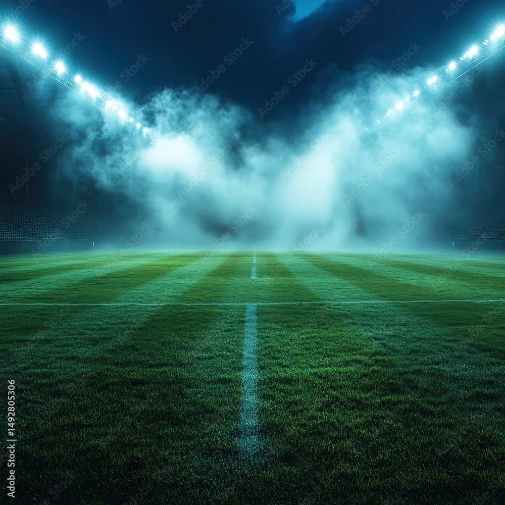 Obraz premium Mystical empty football stadium field glowing under dramatic bright floodlights and smoke at night