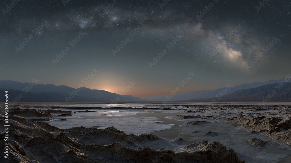 Obraz premium Vast Realistic Landscape at Night Under Clear Sky with Milky Way and Distant Mountains