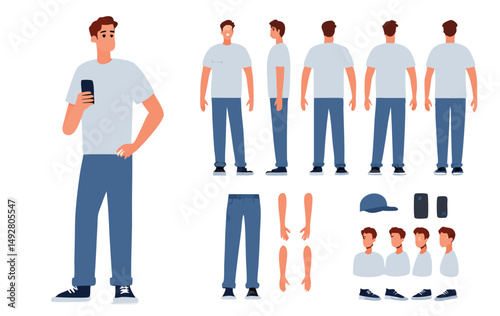 Casual man character constructor for animation. Front, side and back view. Body parts and postures collection. Vector