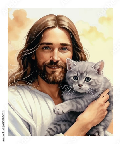 Jesus Christ hug a gray cat watercolor portrait drawing. Wall art canvas poster with God and kitty. Christian picture for home decoration.