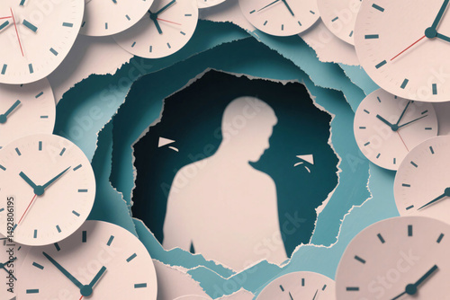 Conceptual illustration of a human form lost in soft torn paper clocks, symbolizing mental fatigue, time pressure, burnout, and emotional disintegration.