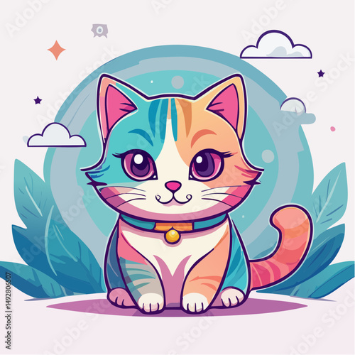 Cute Cartoon Calico Cat Sitting Outdoors with Colorful Background