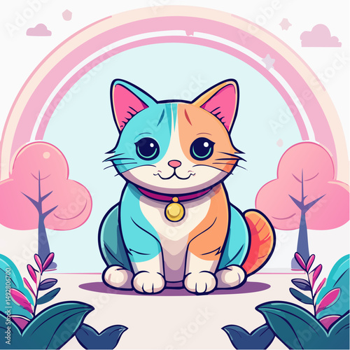 Cute Cartoon Calico Cat Sitting Outdoors with Colorful Background