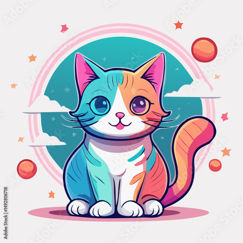 Cute Cartoon Calico Cat Sitting Outdoors with Colorful Background