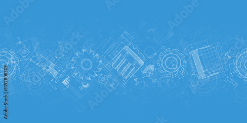 Mechanical engineering drawings on blue background. Cutting tools, milling cutter. Technical Design. Cover. Blueprint. Horizontal seamless pattern. Vector illustration.