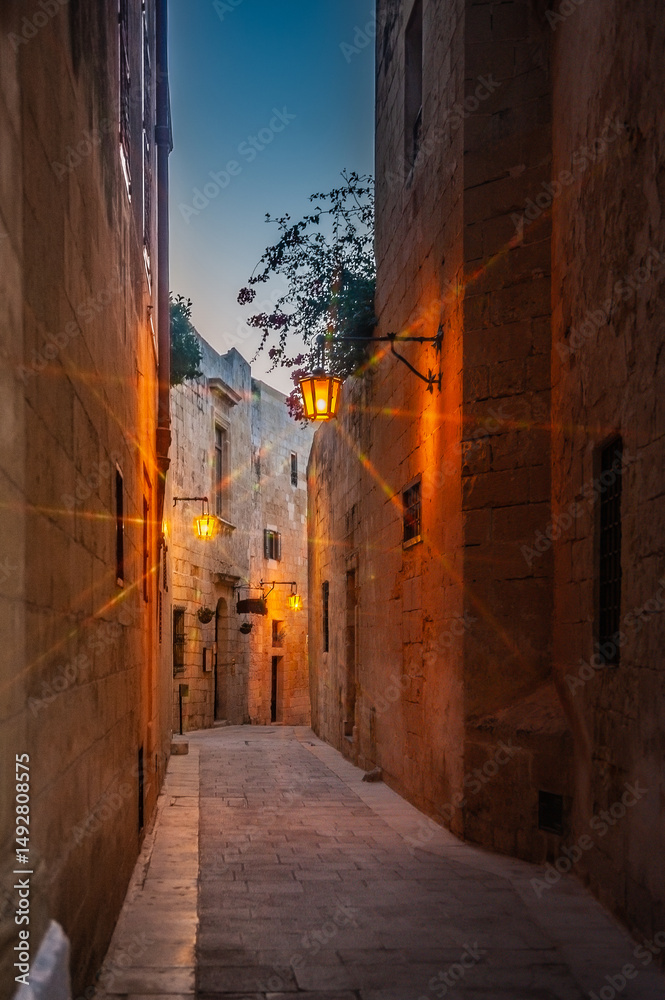 Fototapeta premium Beautiful view of ancient narrow medieval street town Mdina, Malta. Twilight.