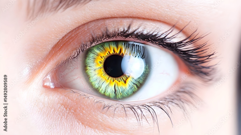 Fototapeta premium Close-up of a vibrant green eye with a striking yellow-gold ring around the pupil, detailed eyelashes, and soft skin tones