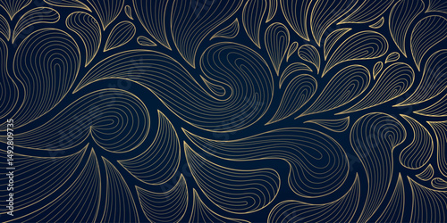 Vector art deco line golden leaves background. Fancy luxury exotic foliage print, nature jungle elegant graphic, nouveau ornate pattern.