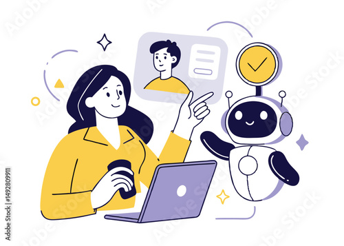 
Hiring set. Character and intelligence robot working together. Business recruitment process, job searching, employee evaluation concept