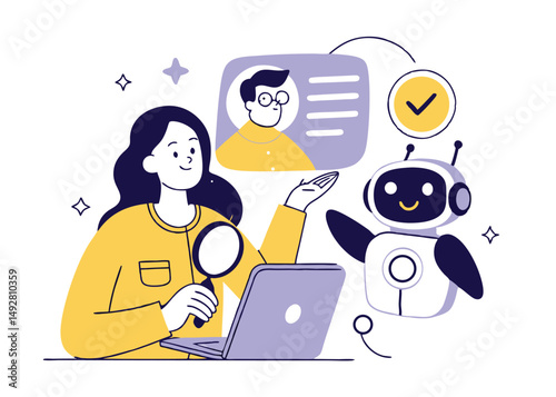 
Hiring set. Character and intelligence robot working together. Business recruitment process, job searching, employee evaluation concept